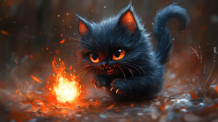 Cute Yet Sinister Little Demon Cat Playing with Fire