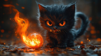 Cute Yet Sinister Little Demon Cat Playing with Fire