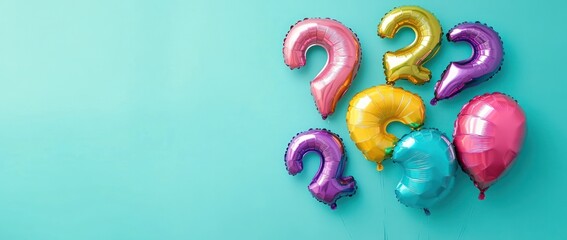 Colorful question mark balloons against a teal background, suggesting celebration or inquiry.