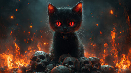 Mischievous Little Demon Cat with Glowing Red Eyes in a Mystical Forest