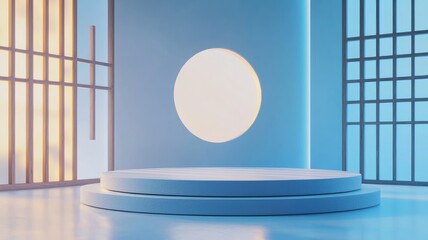 Two-Tier Circular Platform in Minimalist Blue Room with Japanese-Style Windows