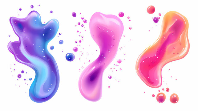 Set of 3d liquid blobs with abstract colored spheres in motion. vector realistic render of bubbles on a white background, resembling lava lamp elements. Fluorescent Lava Flow. Illustration