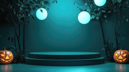 Halloween Stage with Jack-O'-Lanterns and Glowing Orbs