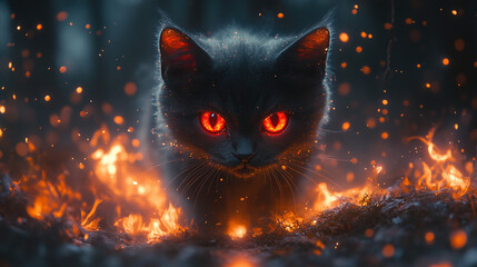 Mischievous Little Demon Cat with Glowing Red Eyes in a Mystical Forest