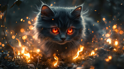 Mischievous Little Demon Cat with Glowing Red Eyes in a Mystical Forest