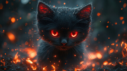Mischievous Little Demon Cat with Glowing Red Eyes in a Mystical Forest