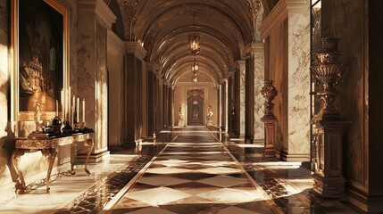 Fototapeta premium The image showcases a luxurious and grand interior corridor, characterized by opulent architectural elements. The hallway is elegantly designed with high, arching ceilings adorned with detailed moldin