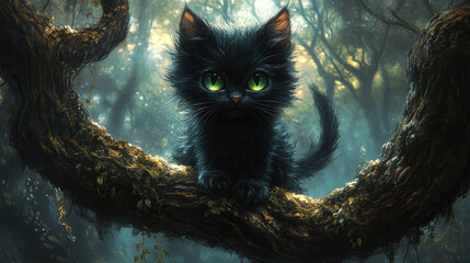 Little Demon Cat with Green Eyes and Skeletal Features Perched on a Twisted Tree