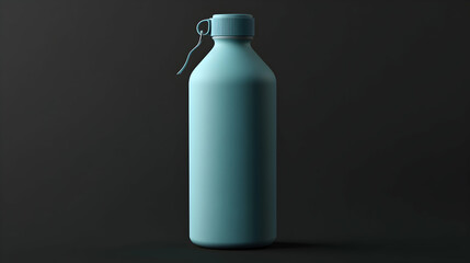 Teal water bottle on dark background.