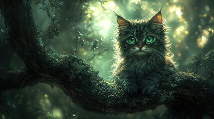 Little Demon Cat with Green Eyes and Skeletal Features Perched on a Twisted Tree