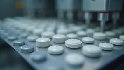 Industrial pharmaceutical production line with white pills on a conveyor belt, precision machinery, healthcare industry. Generative, AI,