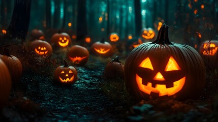 Halloween pumpkins in the forest at night.Halloween background with Evil Pumpkin. Spooky scary dark Night forrest. Holiday event halloween banner background concept