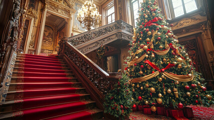 Fototapeta premium A beautifully decorated Christmas tree stands beside an ornate staircase in an opulent setting, radiating festive cheer and elegance.