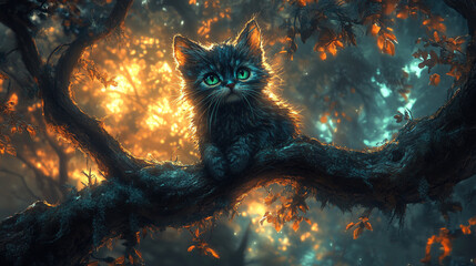 Little Demon Cat with Green Eyes and Skeletal Features Perched on a Twisted Tree