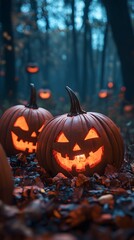 Halloween pumpkins in the forest at night.Halloween background with Evil Pumpkin. Spooky scary dark Night forrest. Holiday event halloween banner background concept