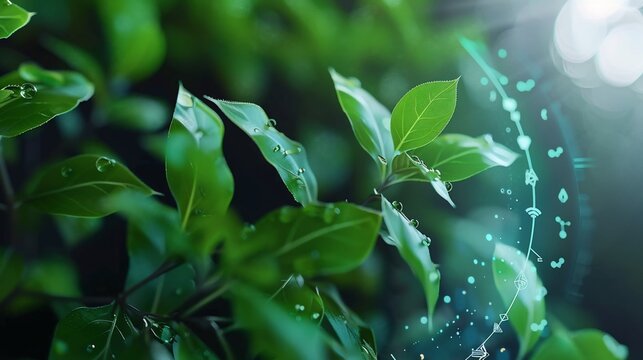 Lush green leaves with water droplets, technological overlay.