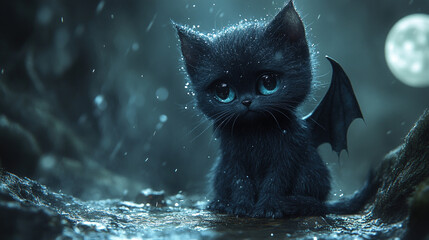 Little Demon Cat with Green Eyes and Skeletal Features Perched on a Twisted Tree