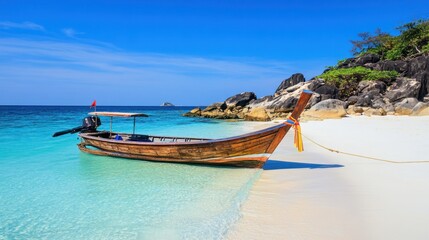 Fototapeta premium Scenic beach with a traditional boat on clear water.