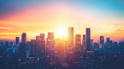 Fototapeta premium A stunning city skyline at sunset, with vibrant colors illuminating modern skyscrapers against a dramatic sky.