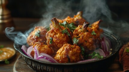 A sizzling platter of spicy cauliflower fritters garnished with onions and herbs.