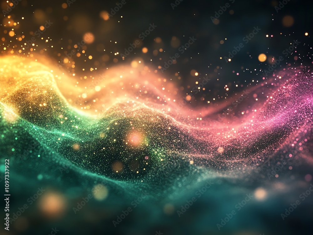 Poster A vibrant abstract wave of colorful particles and light creating a dreamy atmosphere.