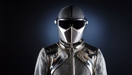 Naklejka premium Futuristic chrome and shiny clothing while wearing a helmet or mask; cosplay and costume; ultra modern fashion of the future; a model showcasing wild and crazy wardrobe; fashion photography; trend