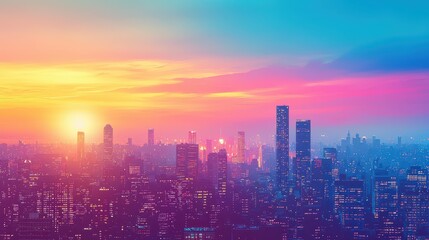 Fototapeta premium A vibrant city skyline at sunset, showcasing colorful hues of pink, orange, and blue illuminating the buildings against a serene backdrop.