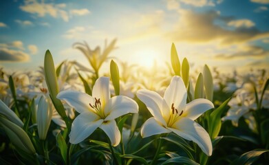 Obraz premium A serene field of white lilies under a golden sunset, evoking tranquility and beauty.