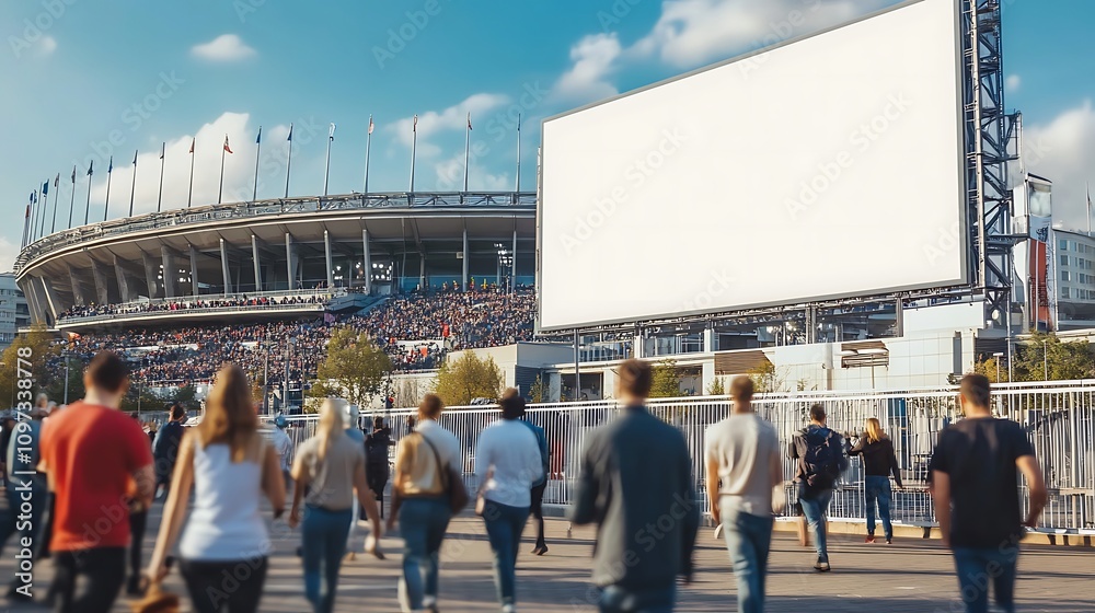 Wall mural Stadium Crowd Walking Past Blank Advertisement Board