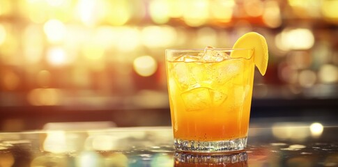 A refreshing cocktail with ice and a lemon slice, set against a blurred bar background.