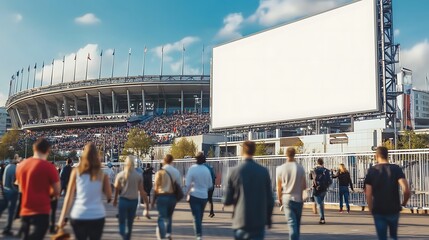 Stadium Crowd Walking Past Blank Advertisement Board