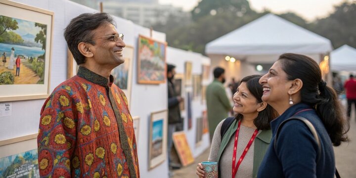 Visitors engaging in conversation while admiring artwork displayed on panels at an outdoor art exhibition, creating a vibrant atmosphere of creativity and appreciation