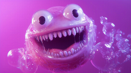 Naklejka premium Close-Up of Smiling Purple Monster Creature in a Bubble Realm
