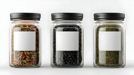 Three glass jars with spices and blank labels, isolated on white background.