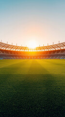 Renewable Energy Market Trends Concept. Stadium at sunset with vibrant sky and green grass field.
