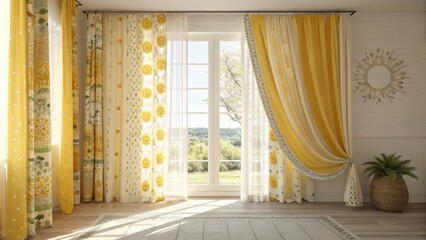 The window treatments consist of flowing curtains in a bright sunny hue which frame the view and provide a cheerful contrast to the varied patterns throughout the room. Delicate s