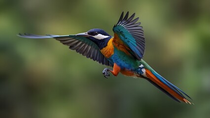 A colorful bird with a long tail is flying in the air