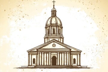 Fototapeta premium Classical European dome illustration with sepia toned splashes and vintage texture evoking nostalgia and sophisticated architectural charm