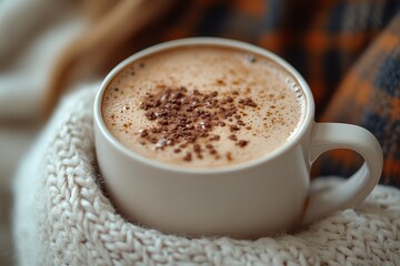 Hot chocolate in hand with a cozy blanket, creating a warm winter retreat.