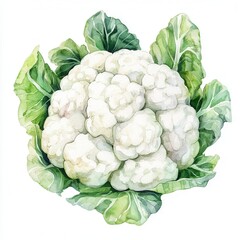 Fresh cauliflower with green leaves, isolated on white background.