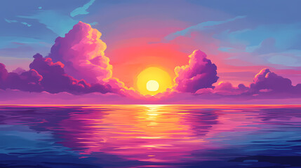 Vibrant sunset over calm ocean waters with colorful clouds reflected in the sea. Radiant Sunset Waters. Illustration