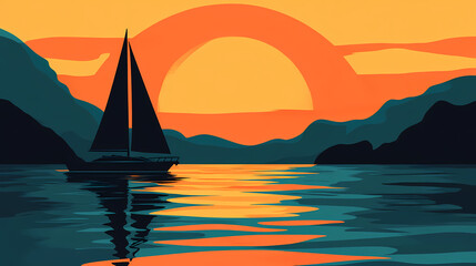 Naklejka premium Silhouette of a sailboat on tranquil waters with a radiant orange sunset, sailboat, silhouette, tranquil, waters, sunset. Radiant Sunset Waters. Illustration
