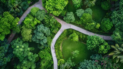 Overhead shot of intersecting walking paths in a lush, green public park