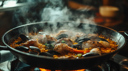 Cooking seafood paella in a skillet with fresh ingredients over an open flame