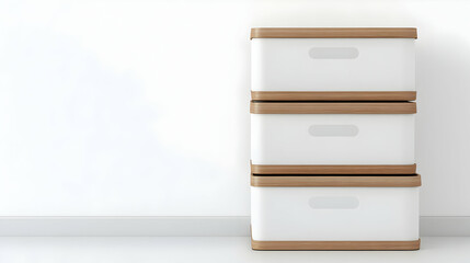 Three white storage boxes with light brown wooden tops stacked against a white wall.