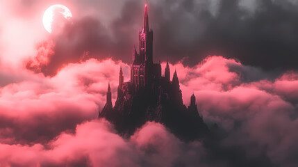 Fototapeta premium Obsidian spire: castle in the clouds. Mystical Obsidian Spire. Illustration