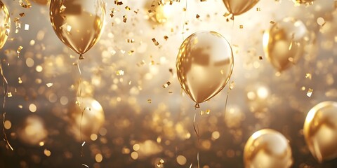 Confetti falling and gold balloons for anniversary celebration