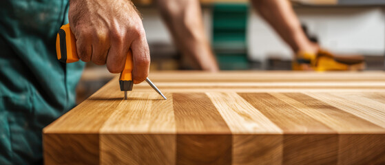 Woodwork Furniture Technique Concept. A person using a compass to measure and mark wood on a wooden workbench, showcasing craftsmanship in a workshop.