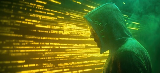 Hacker silhouette against digital code background, mysterious atmosphere, green and yellow hues, technology theme, cyber security, data breach