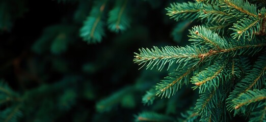 Green pine tree branches close-up, showcasing vibrant needles and natural texture, dark background highlights foliage